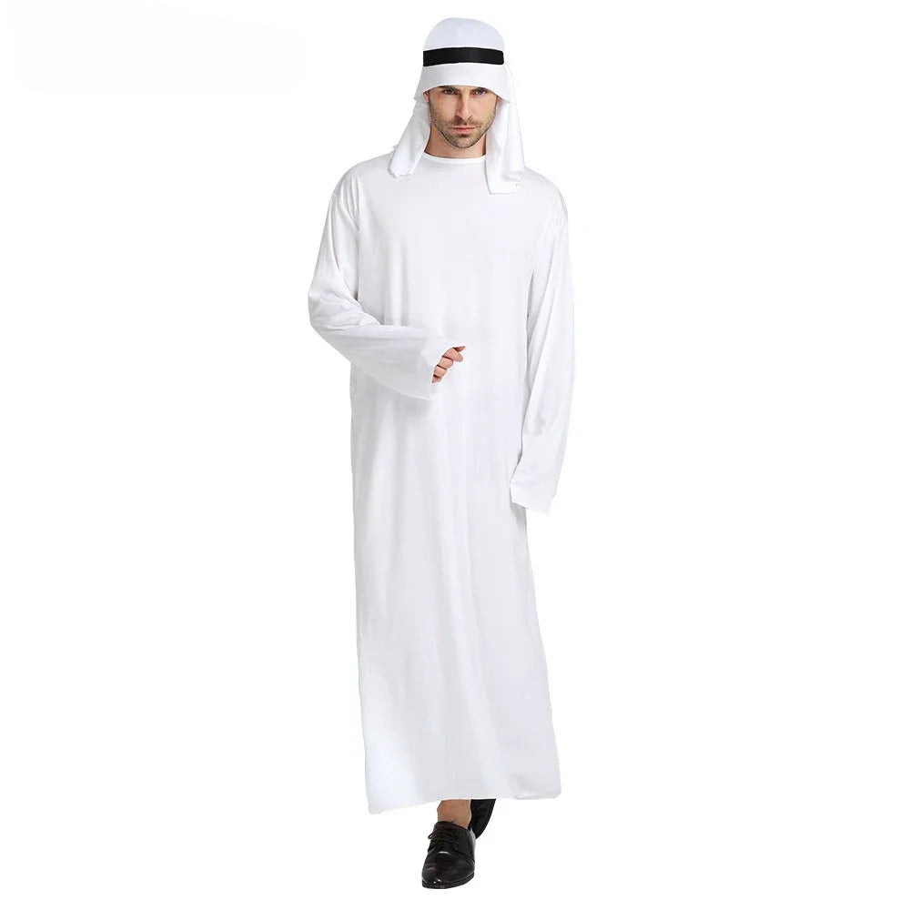 New Adult Men Arabian Arab Sheikh Costume Middle East Clothes Sultan White Robe Red Headband Purim Halloween Fancy Dress