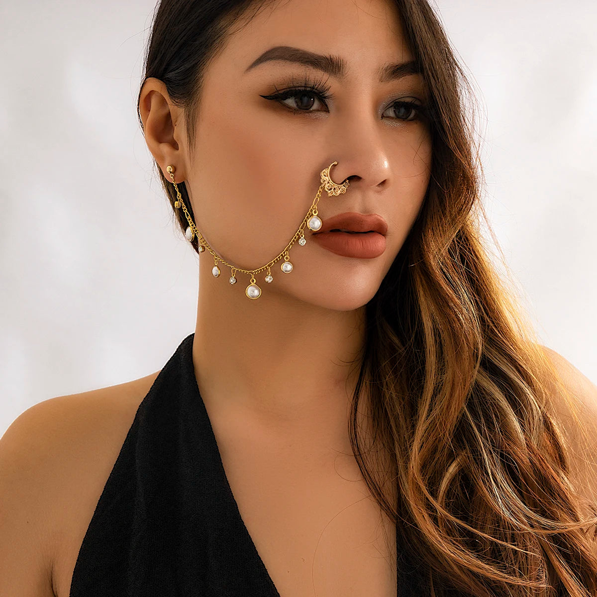 Lacteo Trendy Nose Rings for Women Connecting Earrings Black Green Small Crystal Beads Fake Nostril Piercing Clip Jewelry Ladies