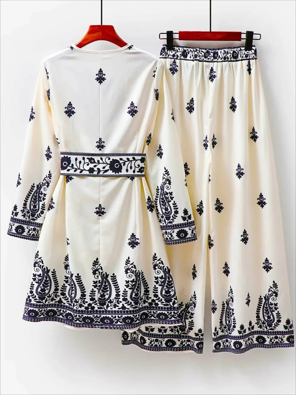 Dubai Muslim 2 Piece Set Women Print Blouse Top with Wide Leg Pants Suit Morocco Musulman Ensemble Casual Femme Arabic Outfits