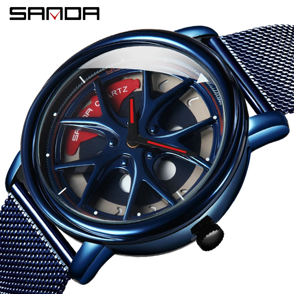 Men Watch Car Wheel Rim Hub Dial Male Wristwatch Skeleton Man Black Waterproof Watches Stainless Steel Quartz Relogio Masculino