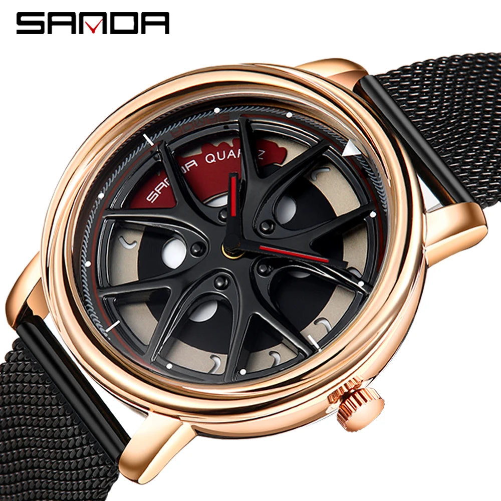 Men Watch Car Wheel Rim Hub Dial Male Wristwatch Skeleton Man Black Waterproof Watches Stainless Steel Quartz Relogio Masculino