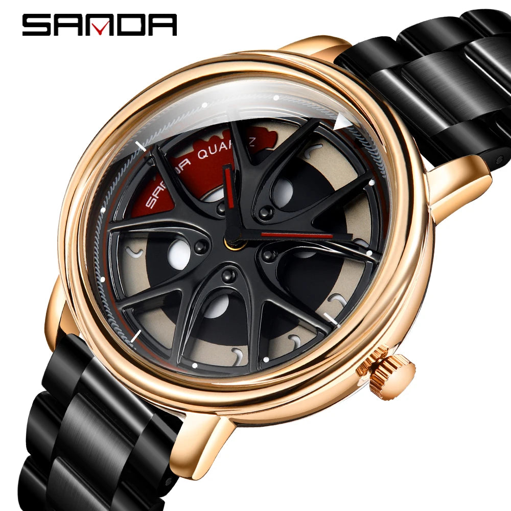 Men Watch Car Wheel Rim Hub Dial Male Wristwatch Skeleton Man Black Waterproof Watches Stainless Steel Quartz Relogio Masculino