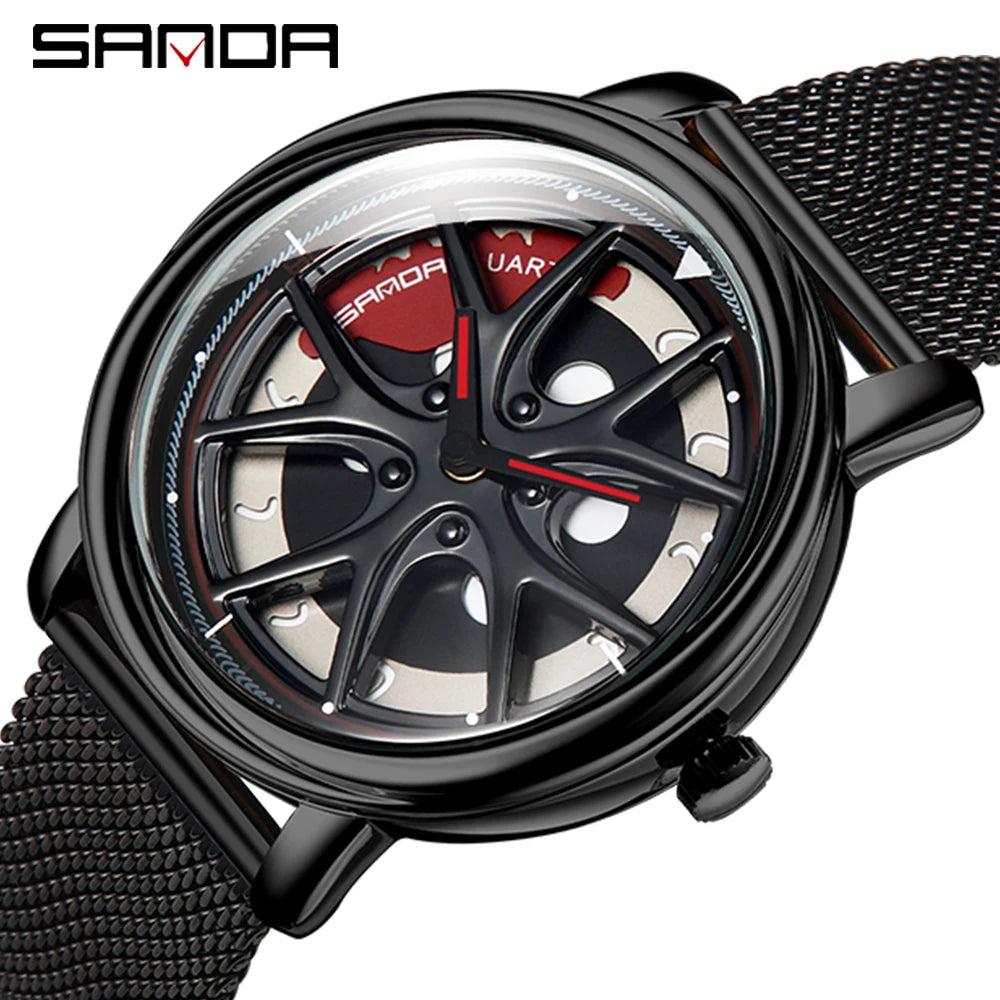 Men Watch Car Wheel Rim Hub Dial Male Wristwatch Skeleton Man Black Waterproof Watches Stainless Steel Quartz Relogio Masculino