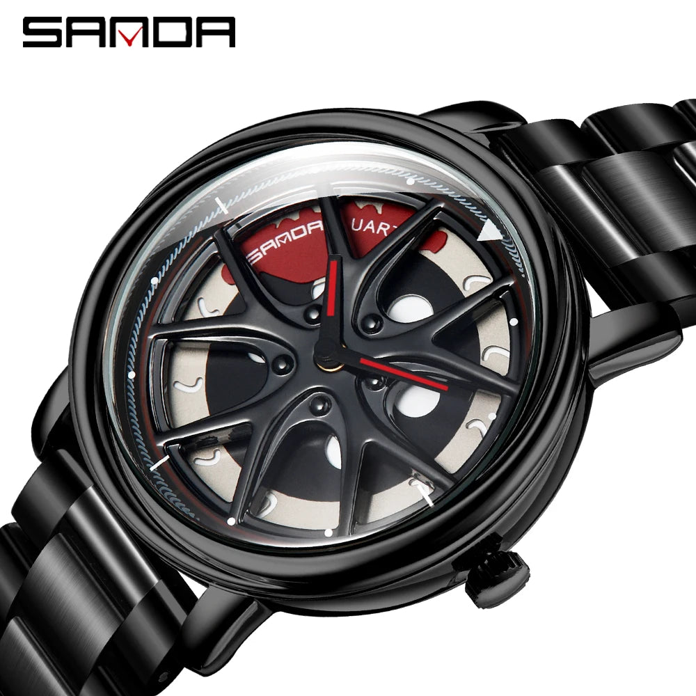 Men Watch Car Wheel Rim Hub Dial Male Wristwatch Skeleton Man Black Waterproof Watches Stainless Steel Quartz Relogio Masculino