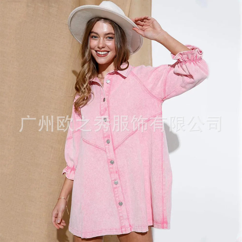 Pink Denim Dresses for Women Vintage Robe Loose Black Dress Long Sleeve Streetwear Fashion Outfit Y2K Female Clothing Vestidos