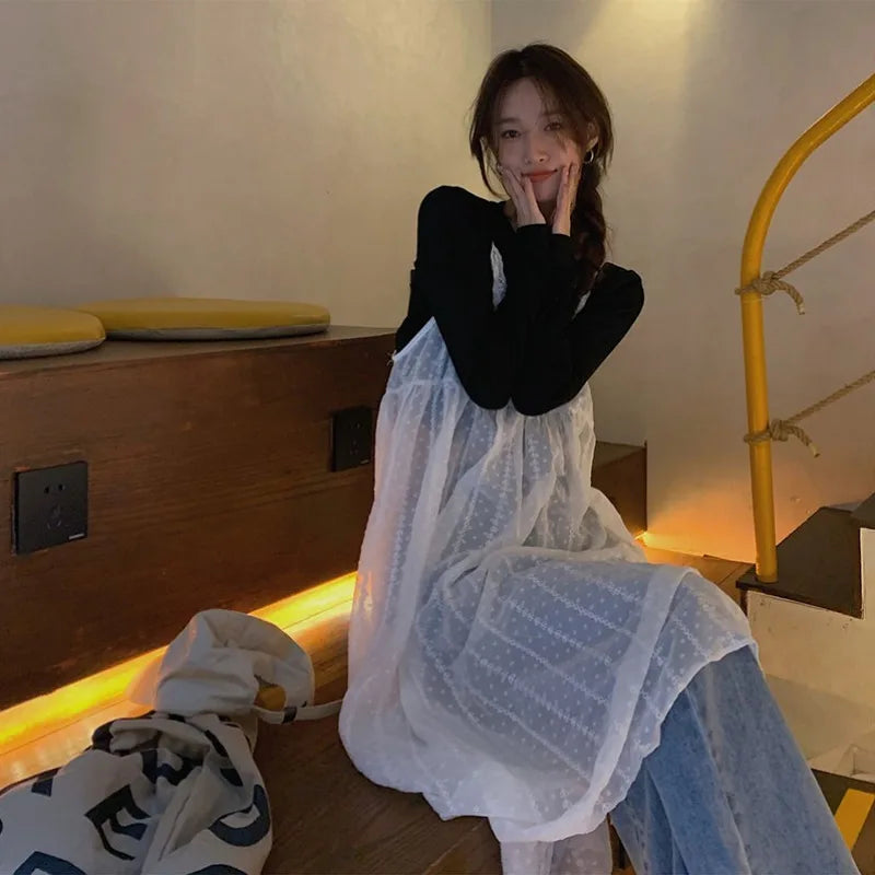 Korean Dresses Women Sundress Fashion See-though Basic Lace Patchwork A-line Designed  Vestidos Y2k Fairy Aesthetic Ins