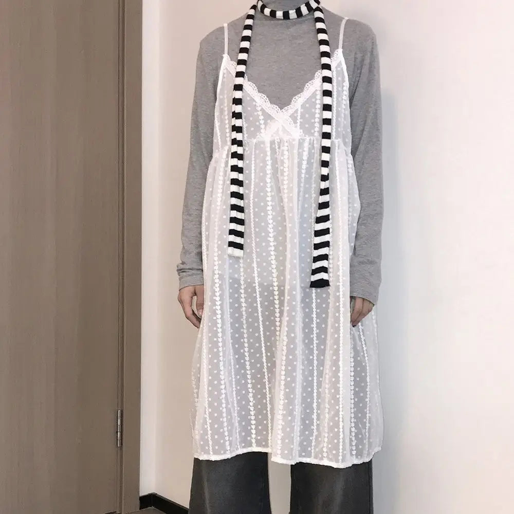 Korean Dresses Women Sundress Fashion See-though Basic Lace Patchwork A-line Designed  Vestidos Y2k Fairy Aesthetic Ins