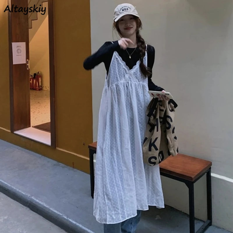 Korean Dresses Women Sundress Fashion See-though Basic Lace Patchwork A-line Designed  Vestidos Y2k Fairy Aesthetic Ins