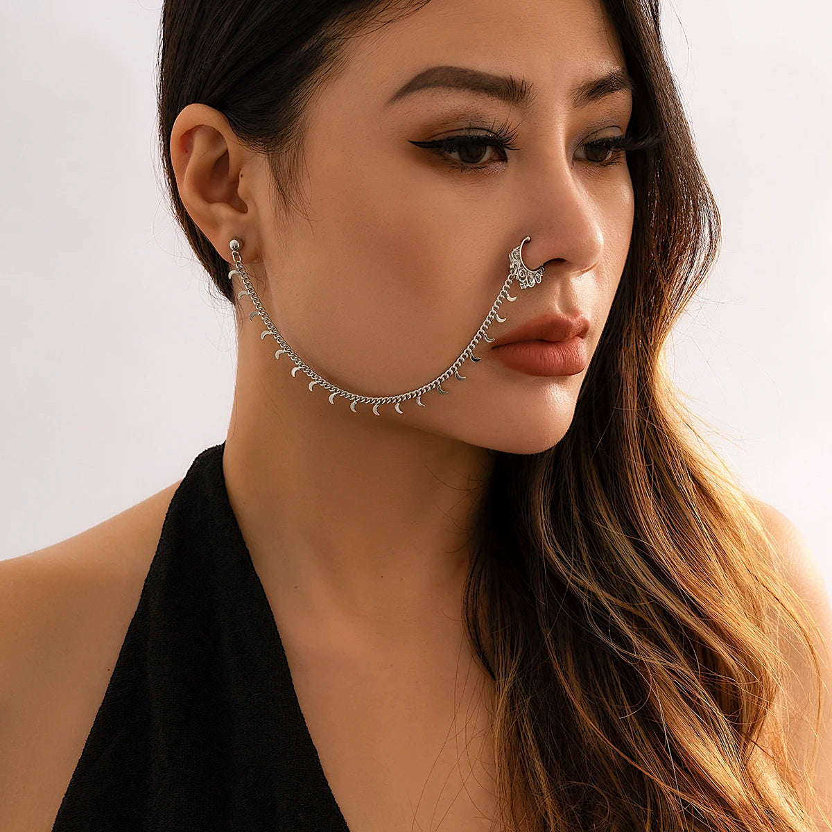 Lacteo Trendy Nose Rings for Women Connecting Earrings Black Green Small Crystal Beads Fake Nostril Piercing Clip Jewelry Ladies