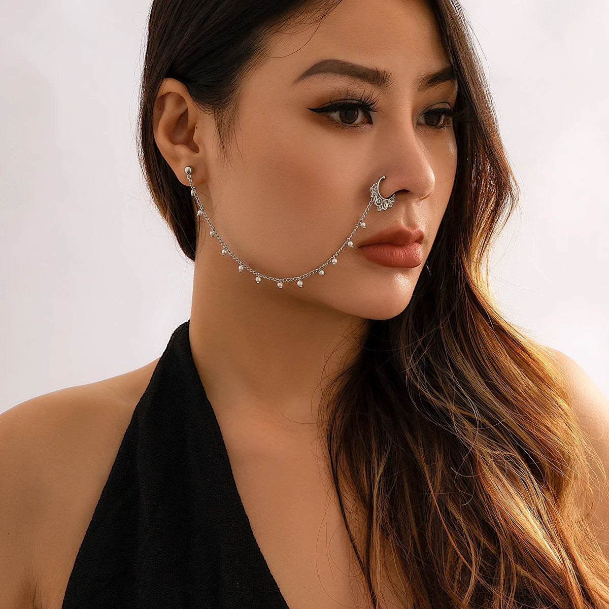 Lacteo Trendy Nose Rings for Women Connecting Earrings Black Green Small Crystal Beads Fake Nostril Piercing Clip Jewelry Ladies