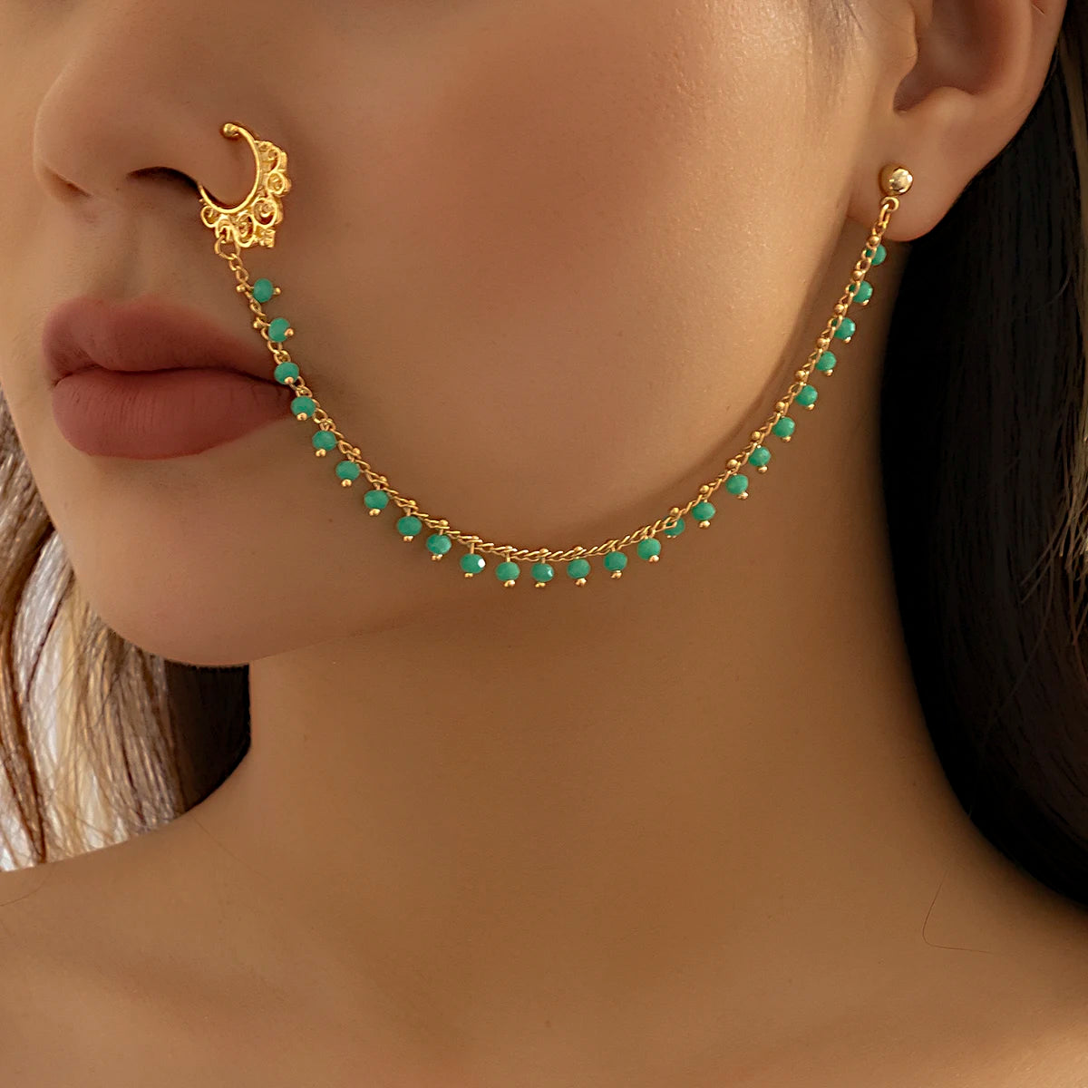 Lacteo Trendy Nose Rings for Women Connecting Earrings Black Green Small Crystal Beads Fake Nostril Piercing Clip Jewelry Ladies