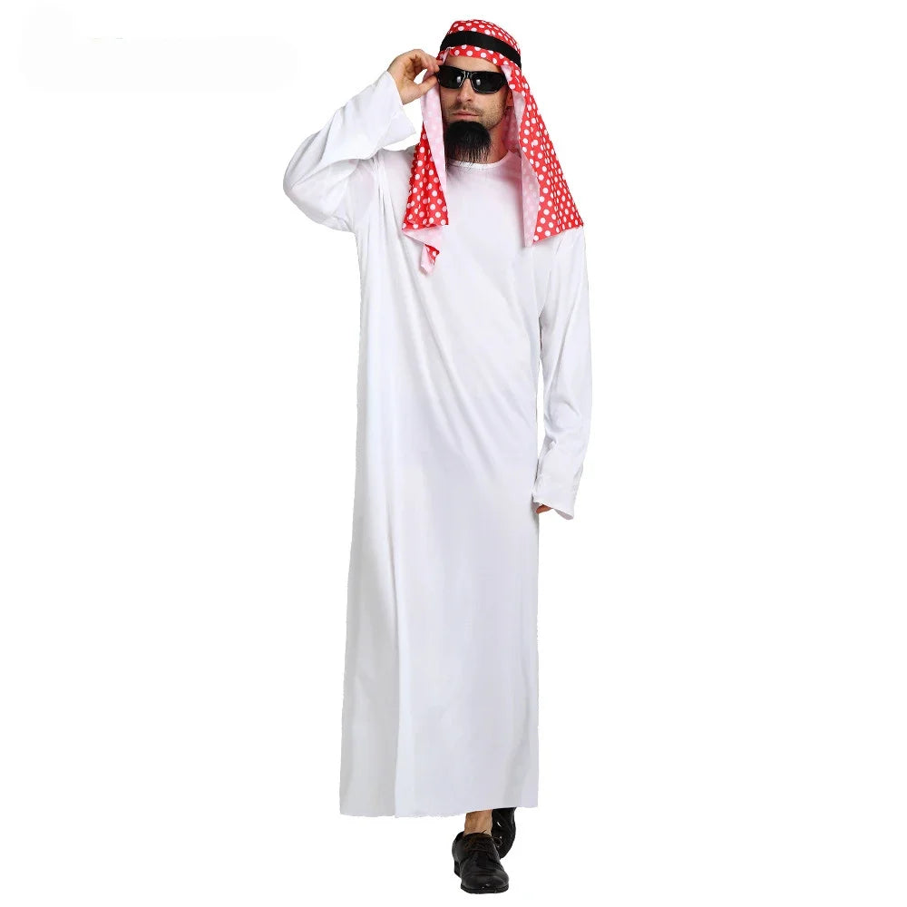 New Adult Men Arabian Arab Sheikh Costume Middle East Clothes Sultan White Robe Red Headband Purim Halloween Fancy Dress
