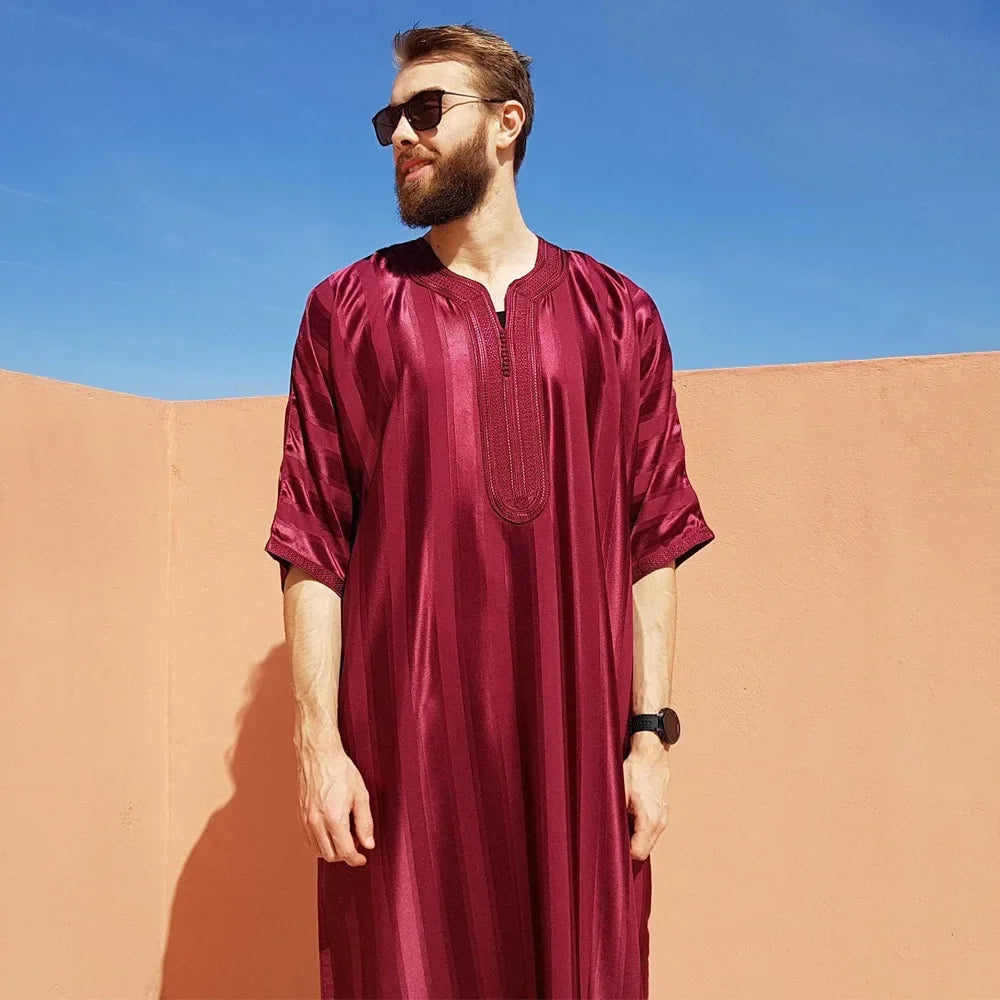 New Muslim Men Kaftan Robe Satin Embroidery Jubba Thobe Saudi Arab Thoub Turkey Islamic Casual Dress Ramadan Traditional Clothes