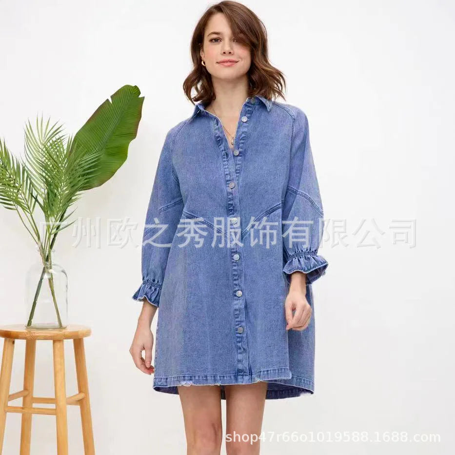 Pink Denim Dresses for Women Vintage Robe Loose Black Dress Long Sleeve Streetwear Fashion Outfit Y2K Female Clothing Vestidos