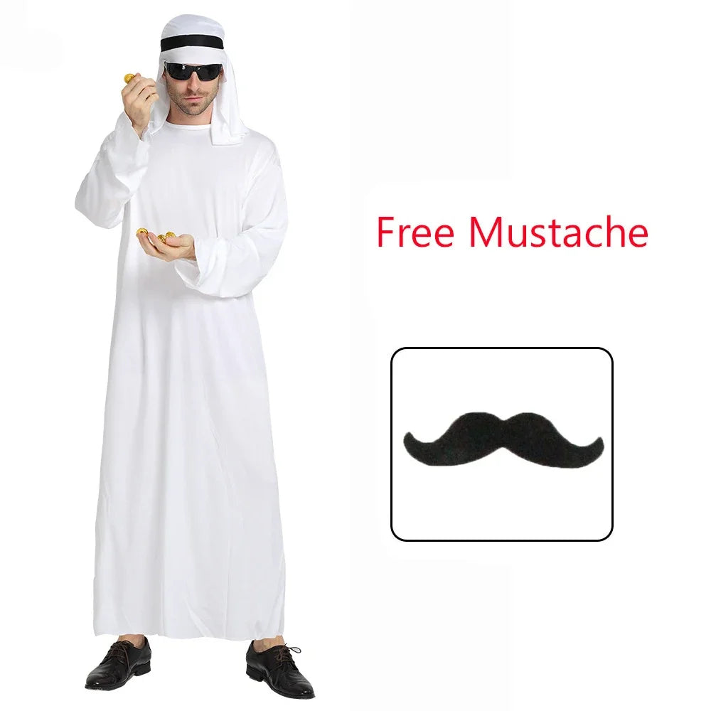 New Adult Men Arabian Arab Sheikh Costume Middle East Clothes Sultan White Robe Red Headband Purim Halloween Fancy Dress