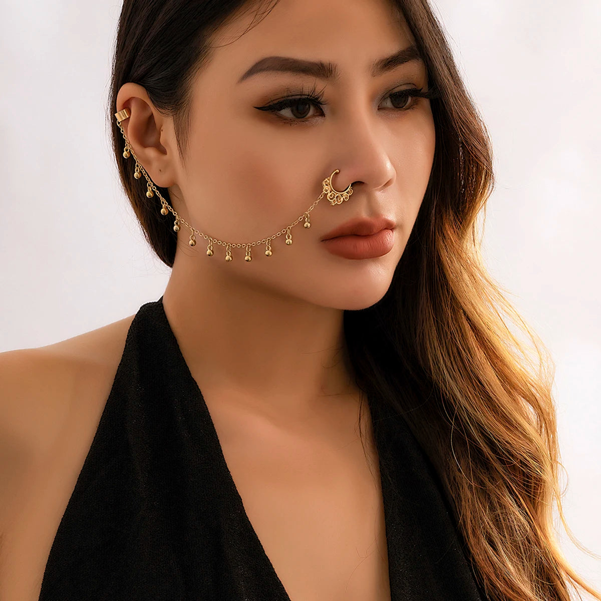 Lacteo Trendy Nose Rings for Women Connecting Earrings Black Green Small Crystal Beads Fake Nostril Piercing Clip Jewelry Ladies