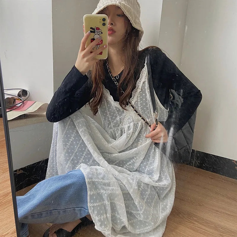 Korean Dresses Women Sundress Fashion See-though Basic Lace Patchwork A-line Designed  Vestidos Y2k Fairy Aesthetic Ins