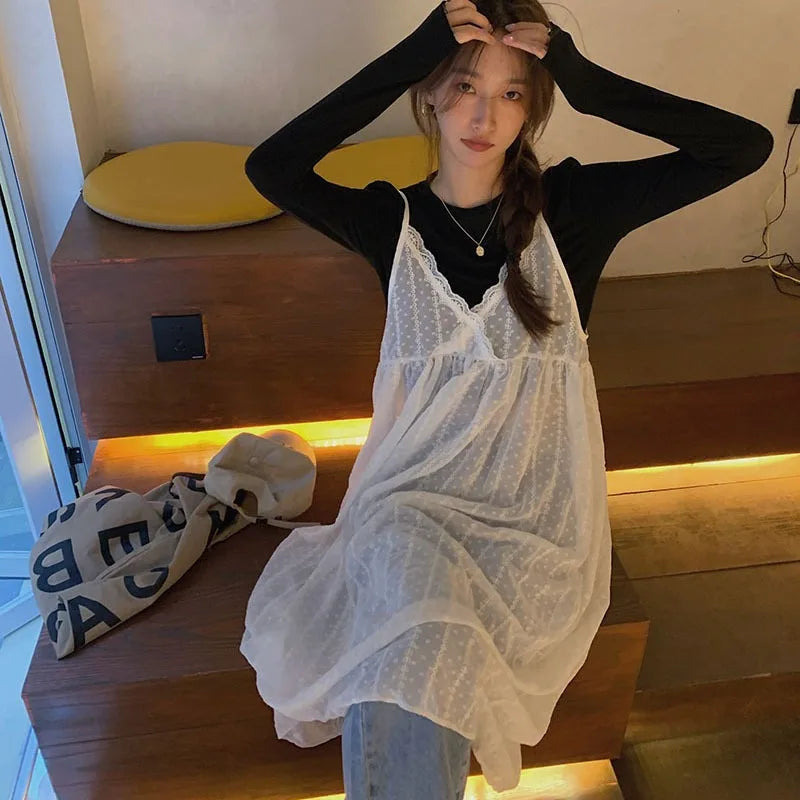 Korean Dresses Women Sundress Fashion See-though Basic Lace Patchwork A-line Designed  Vestidos Y2k Fairy Aesthetic Ins