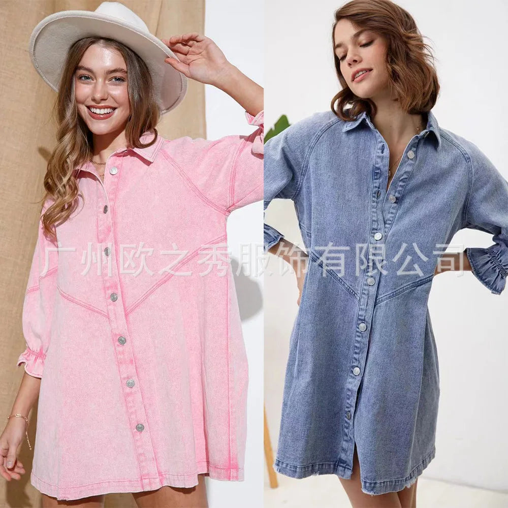Pink Denim Dresses for Women Vintage Robe Loose Black Dress Long Sleeve Streetwear Fashion Outfit Y2K Female Clothing Vestidos
