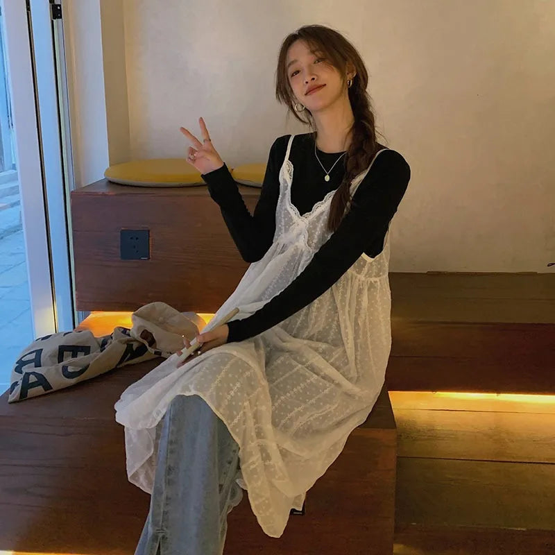 Korean Dresses Women Sundress Fashion See-though Basic Lace Patchwork A-line Designed  Vestidos Y2k Fairy Aesthetic Ins
