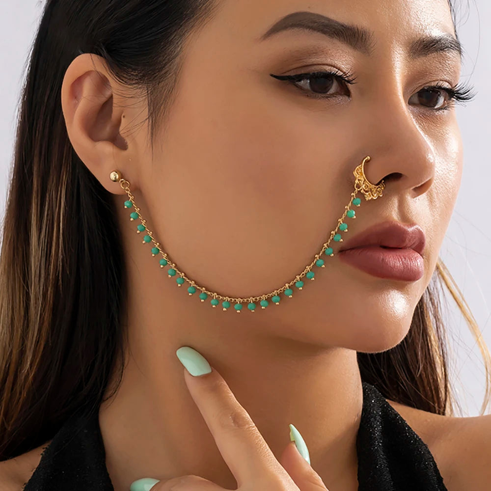 Lacteo Trendy Nose Rings for Women Connecting Earrings Black Green Small Crystal Beads Fake Nostril Piercing Clip Jewelry Ladies