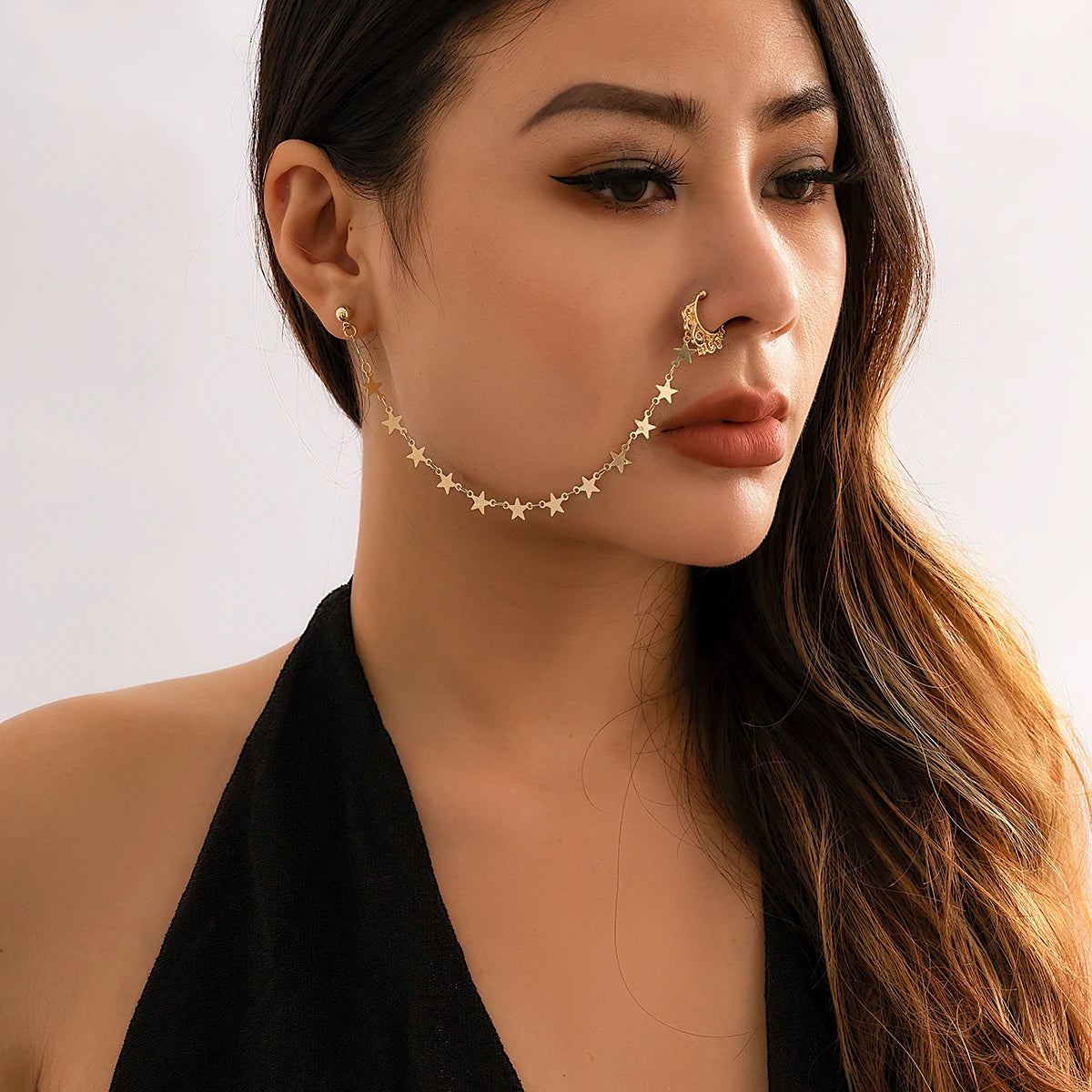 Lacteo Trendy Nose Rings for Women Connecting Earrings Black Green Small Crystal Beads Fake Nostril Piercing Clip Jewelry Ladies