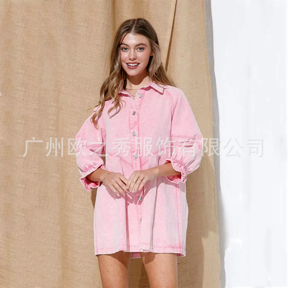 Pink Denim Dresses for Women Vintage Robe Loose Black Dress Long Sleeve Streetwear Fashion Outfit Y2K Female Clothing Vestidos