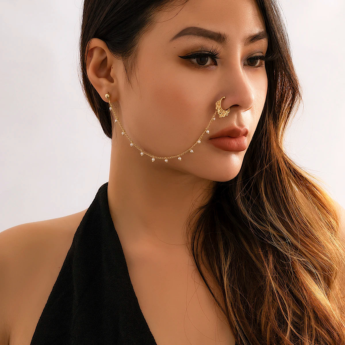 Lacteo Trendy Nose Rings for Women Connecting Earrings Black Green Small Crystal Beads Fake Nostril Piercing Clip Jewelry Ladies