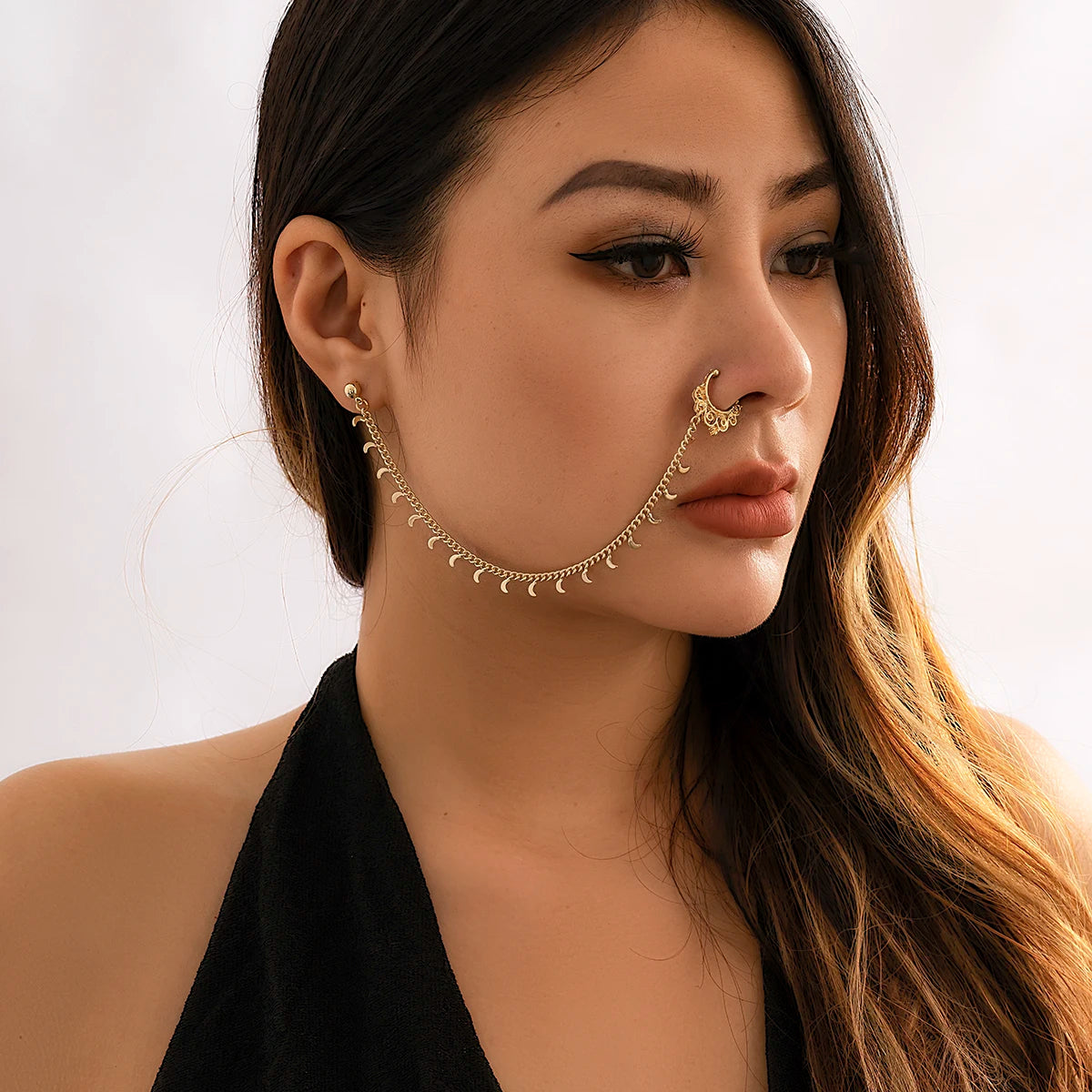 Lacteo Trendy Nose Rings for Women Connecting Earrings Black Green Small Crystal Beads Fake Nostril Piercing Clip Jewelry Ladies