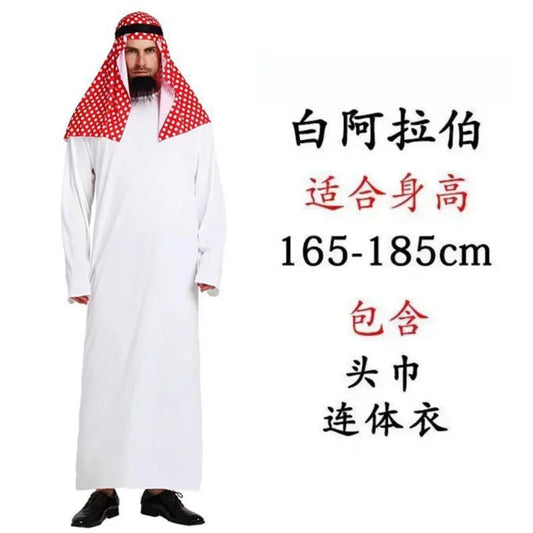 New Adult Men Arabian Arab Sheikh Costume Middle East Clothes Sultan White Robe Red Headband Purim Halloween Fancy Dress