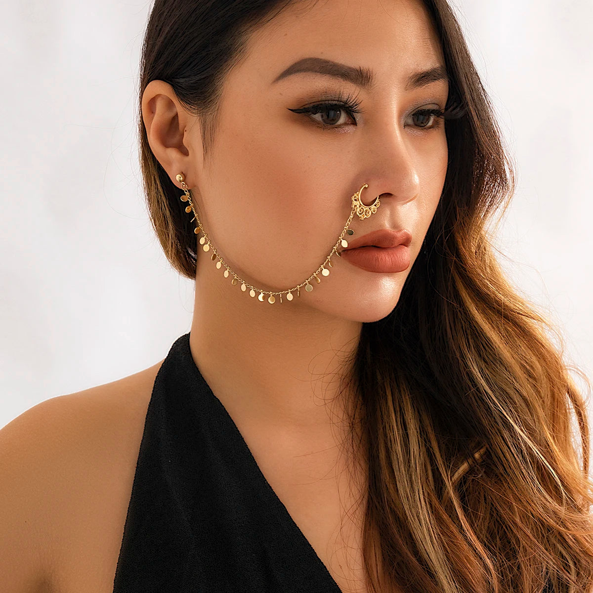 Lacteo Trendy Nose Rings for Women Connecting Earrings Black Green Small Crystal Beads Fake Nostril Piercing Clip Jewelry Ladies