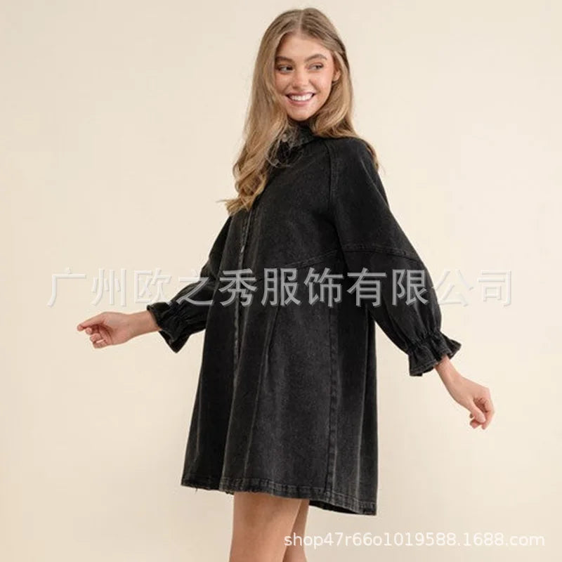 Pink Denim Dresses for Women Vintage Robe Loose Black Dress Long Sleeve Streetwear Fashion Outfit Y2K Female Clothing Vestidos