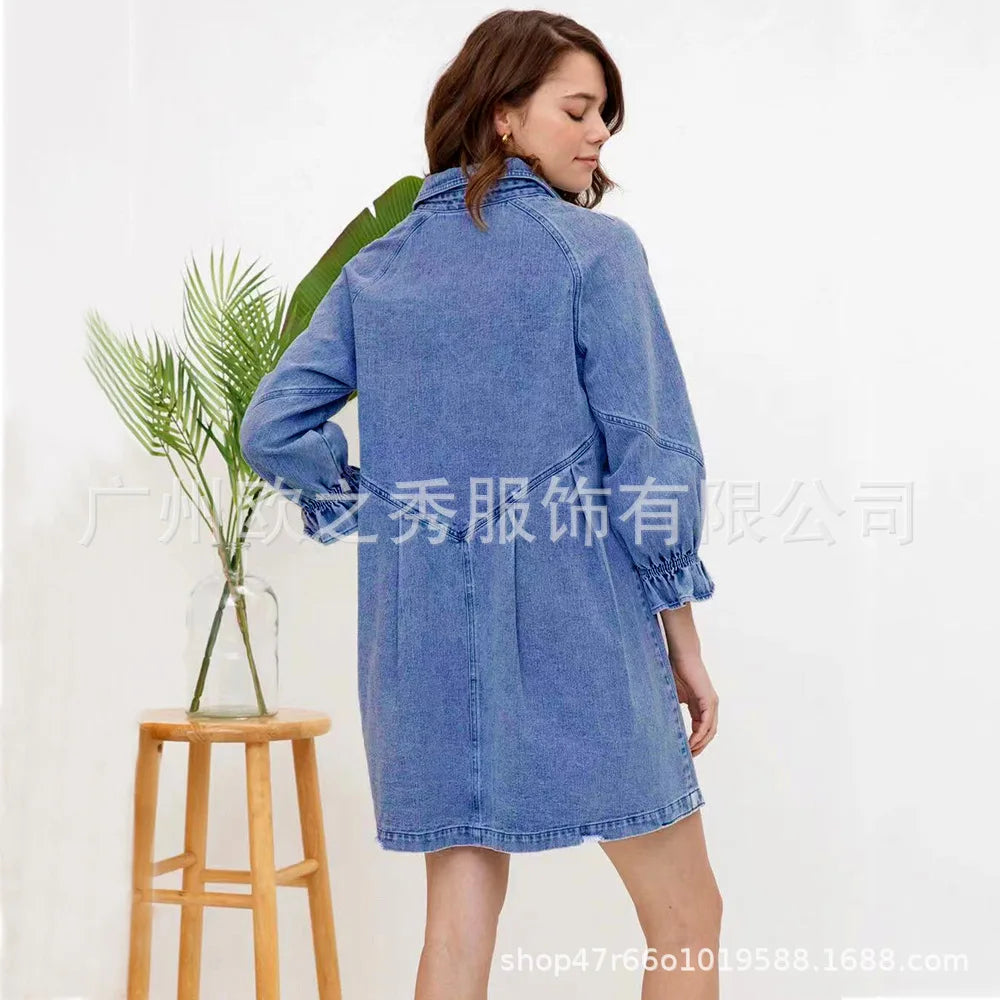 Pink Denim Dresses for Women Vintage Robe Loose Black Dress Long Sleeve Streetwear Fashion Outfit Y2K Female Clothing Vestidos