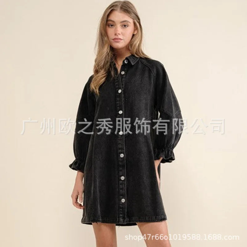 Pink Denim Dresses for Women Vintage Robe Loose Black Dress Long Sleeve Streetwear Fashion Outfit Y2K Female Clothing Vestidos