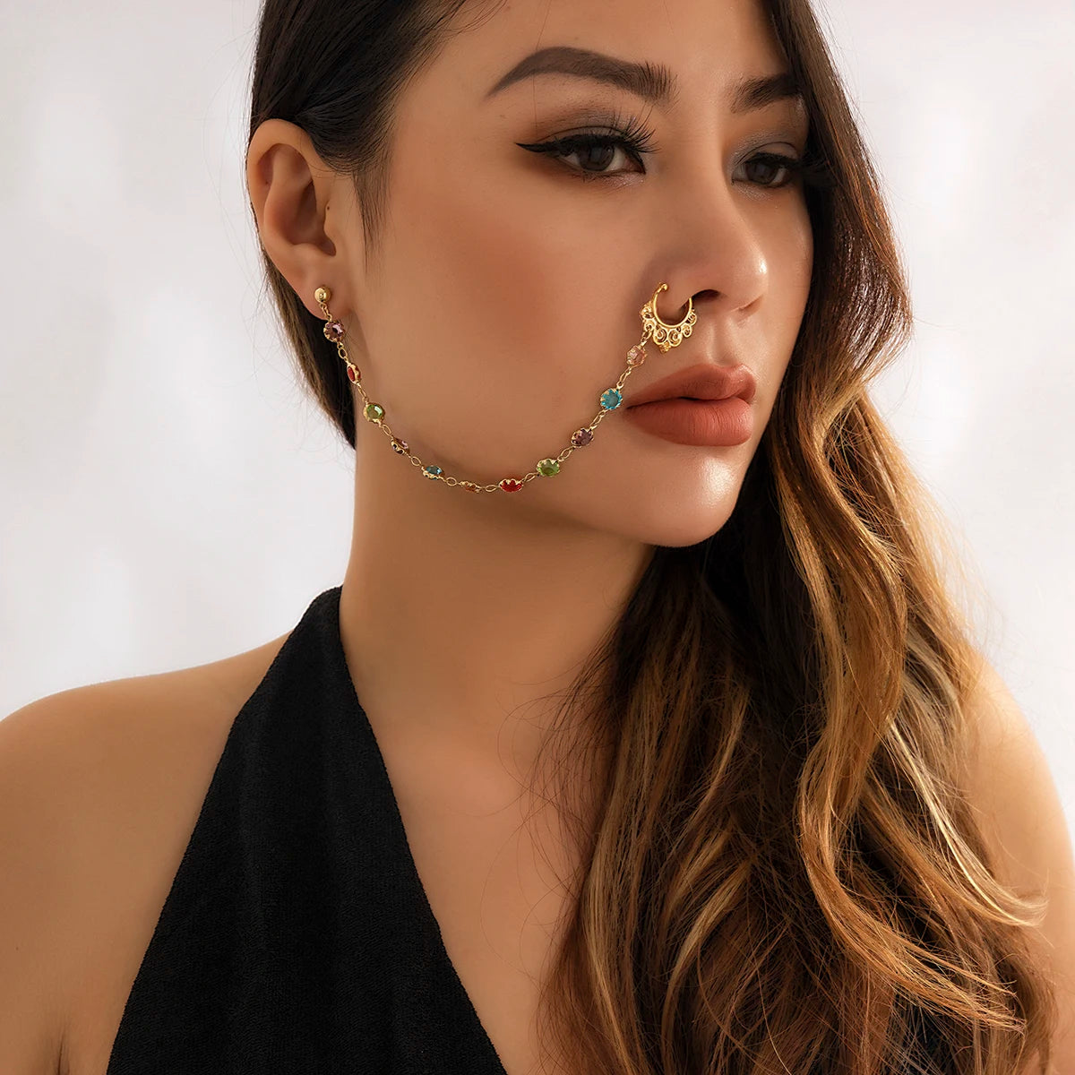 Lacteo Trendy Nose Rings for Women Connecting Earrings Black Green Small Crystal Beads Fake Nostril Piercing Clip Jewelry Ladies