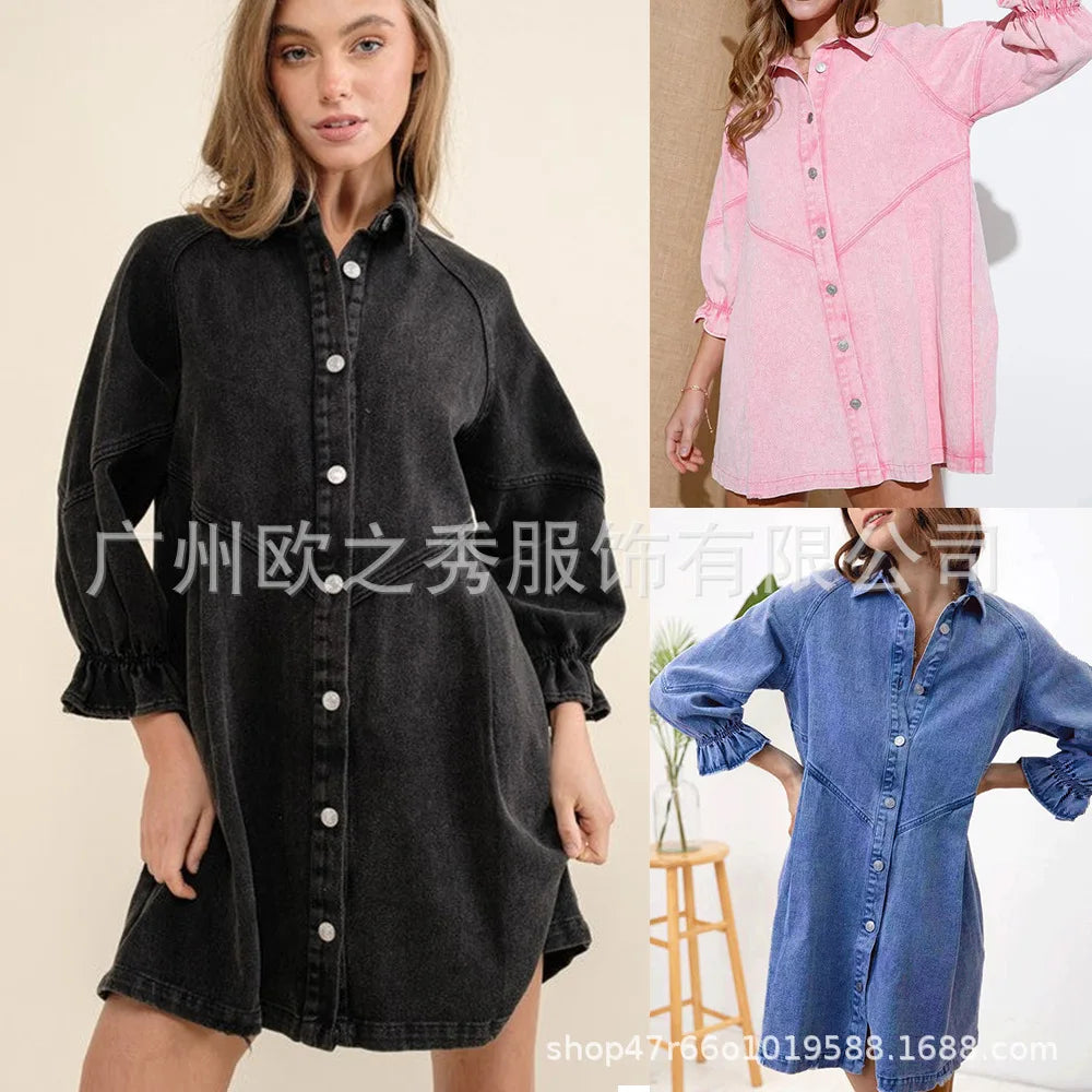 Pink Denim Dresses for Women Vintage Robe Loose Black Dress Long Sleeve Streetwear Fashion Outfit Y2K Female Clothing Vestidos