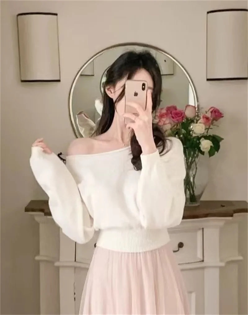 Women's sweater 2025 new American off-the-shoulder loose slim one-shoulder sweater spring and autumn fashion irregular top