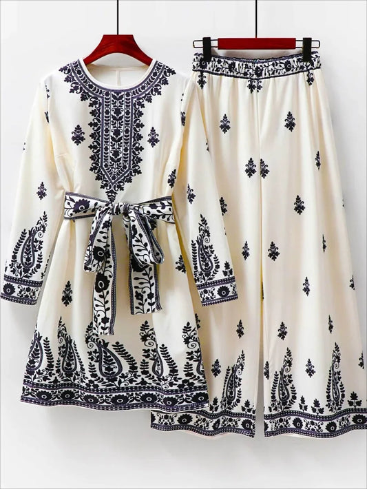 Dubai Muslim 2 Piece Set Women Print Blouse Top with Wide Leg Pants Suit Morocco Musulman Ensemble Casual Femme Arabic Outfits