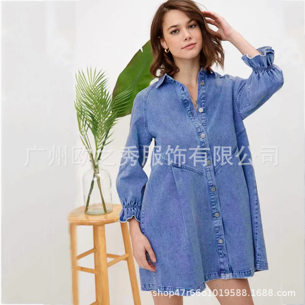 Pink Denim Dresses for Women Vintage Robe Loose Black Dress Long Sleeve Streetwear Fashion Outfit Y2K Female Clothing Vestidos